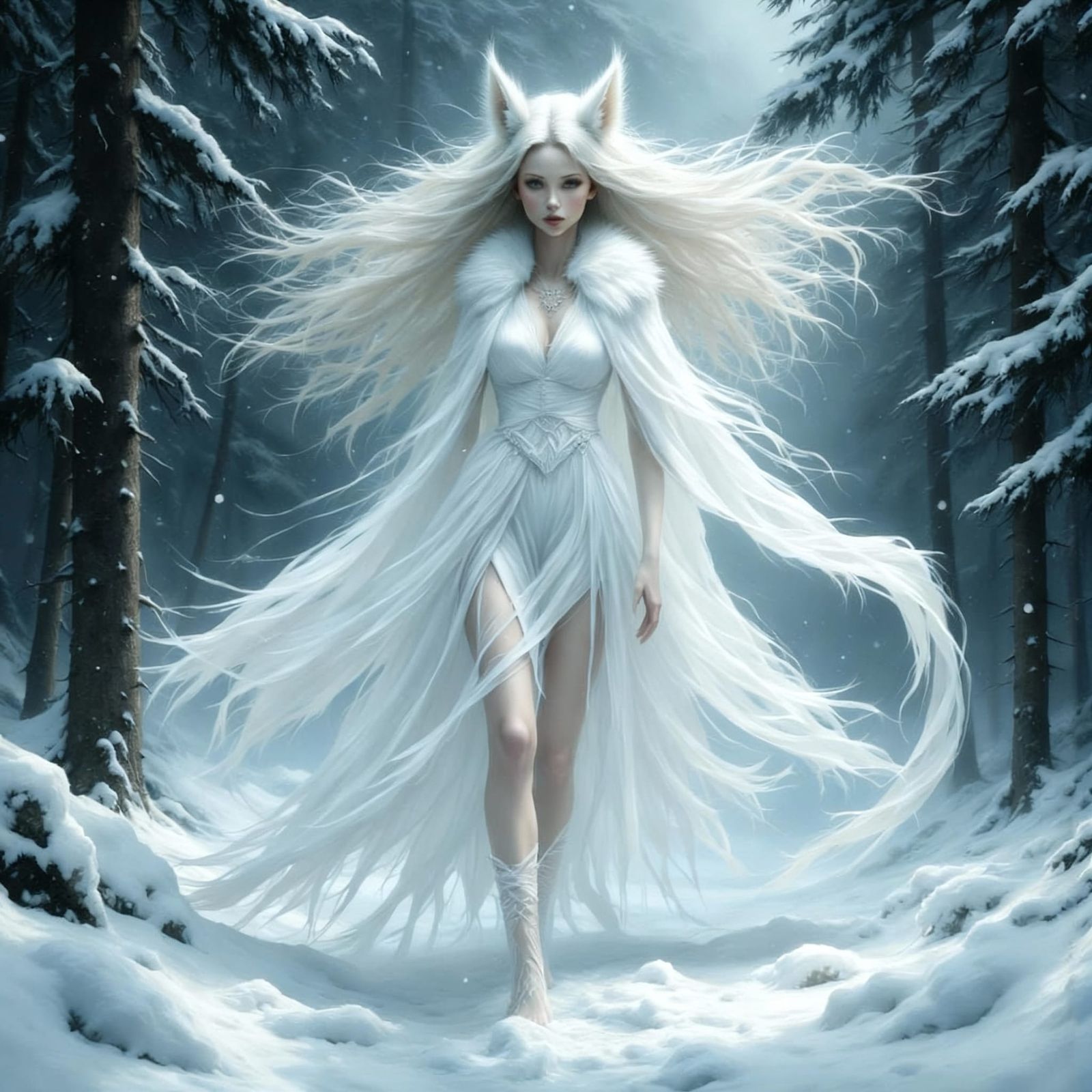 Arctic Fox Goddess in Ethereal Winter Landscape