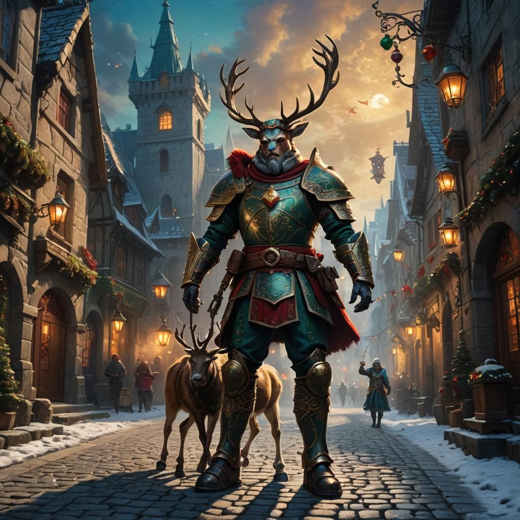 Ornate Knight Observes Santa in Gothic Cityscape