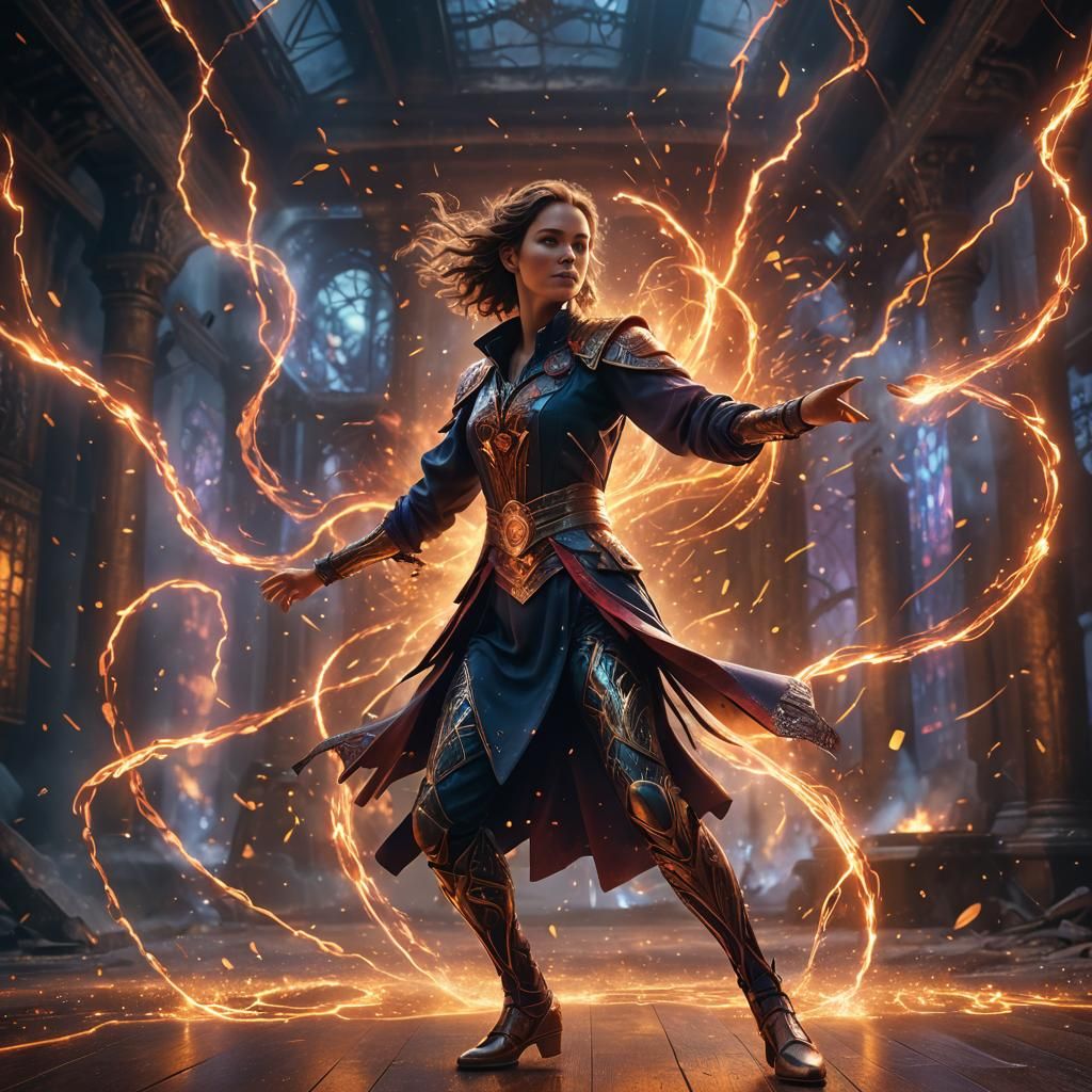 Woman Dancing Between Laser Fire in Detailed Matte Painting