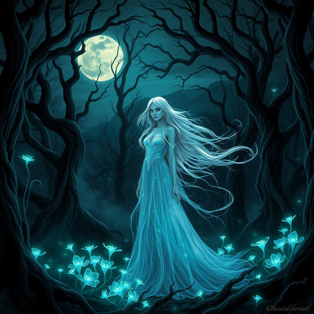 Ethereal Maiden in Dark Enchanted Forest, Gothic Art