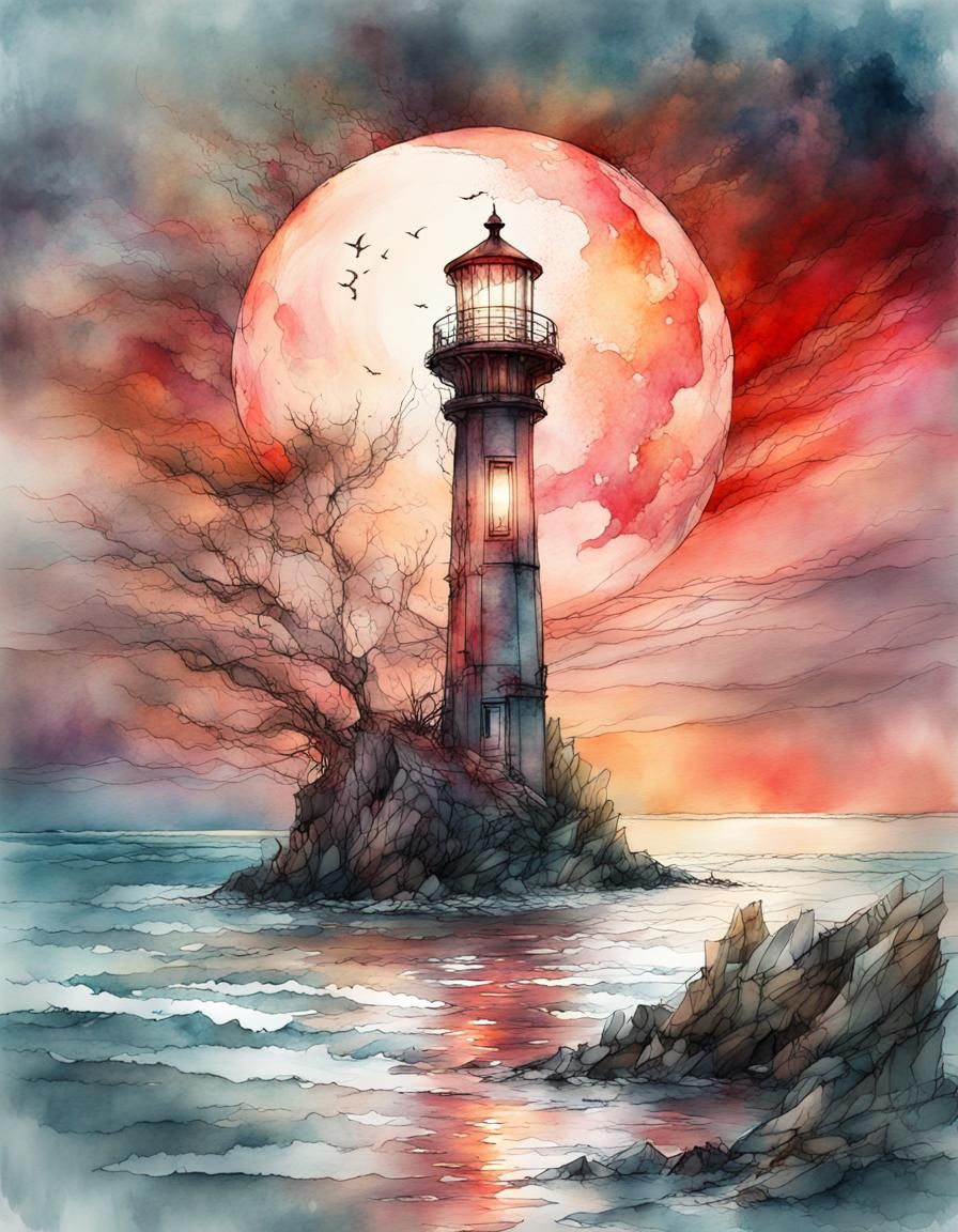 Bloodmoon Lighthouse in Digital Watercolor Illustration
