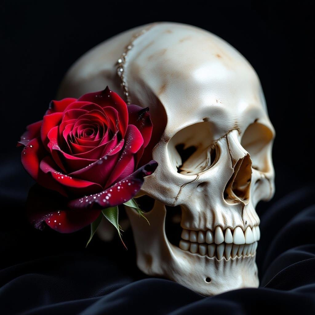 Hyperrealistic Skull with Red Rose in Chiaroscuro Lighting