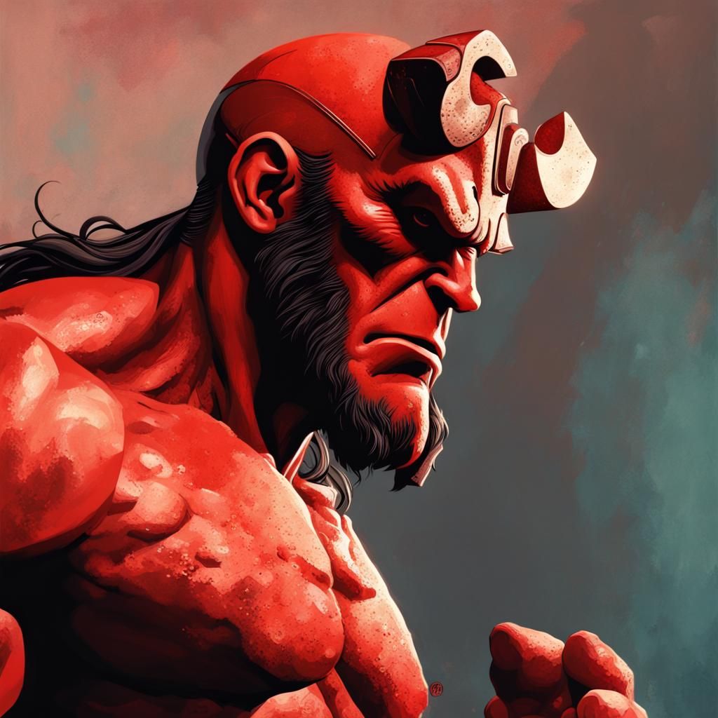 Hyperrealistic Hellboy Splash Art: Dramatic Concept