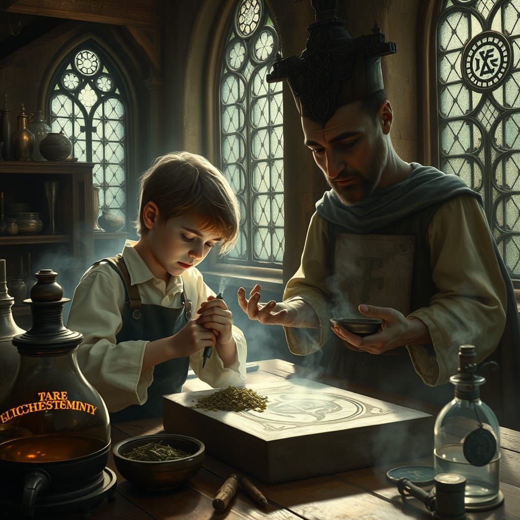 Medieval Alchemist's Workshop in Pre-Raphaelite Style