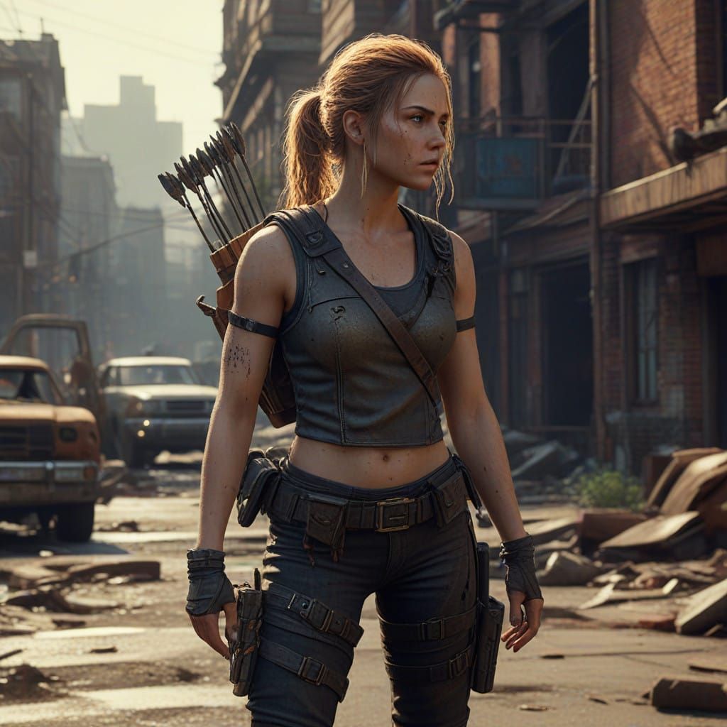 Strong Female Survivor in Apocalypse Outfit, Back to Back wi...