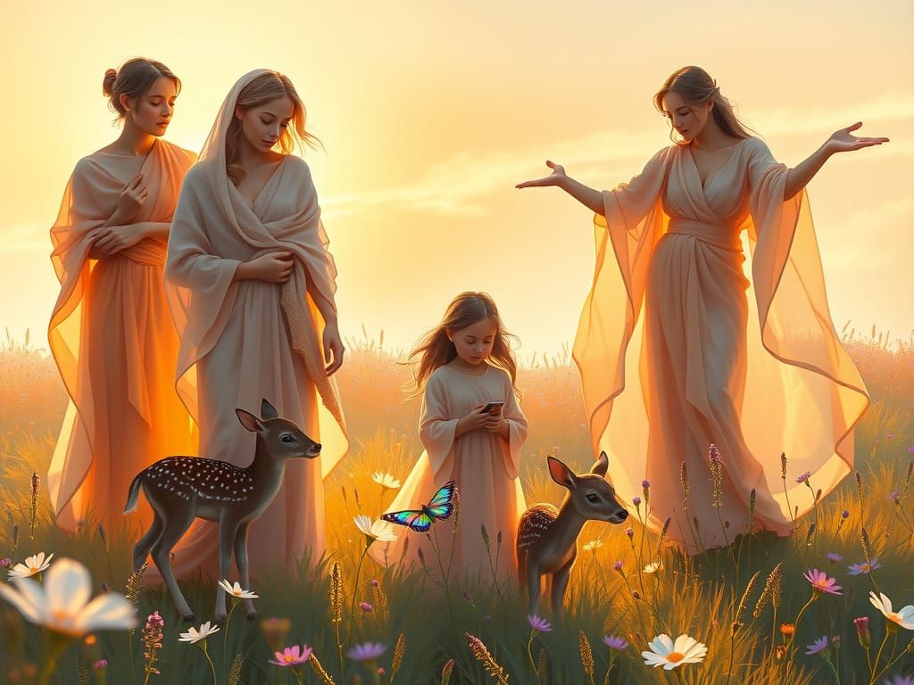Ethereal Virtues in a Sunset Meadow