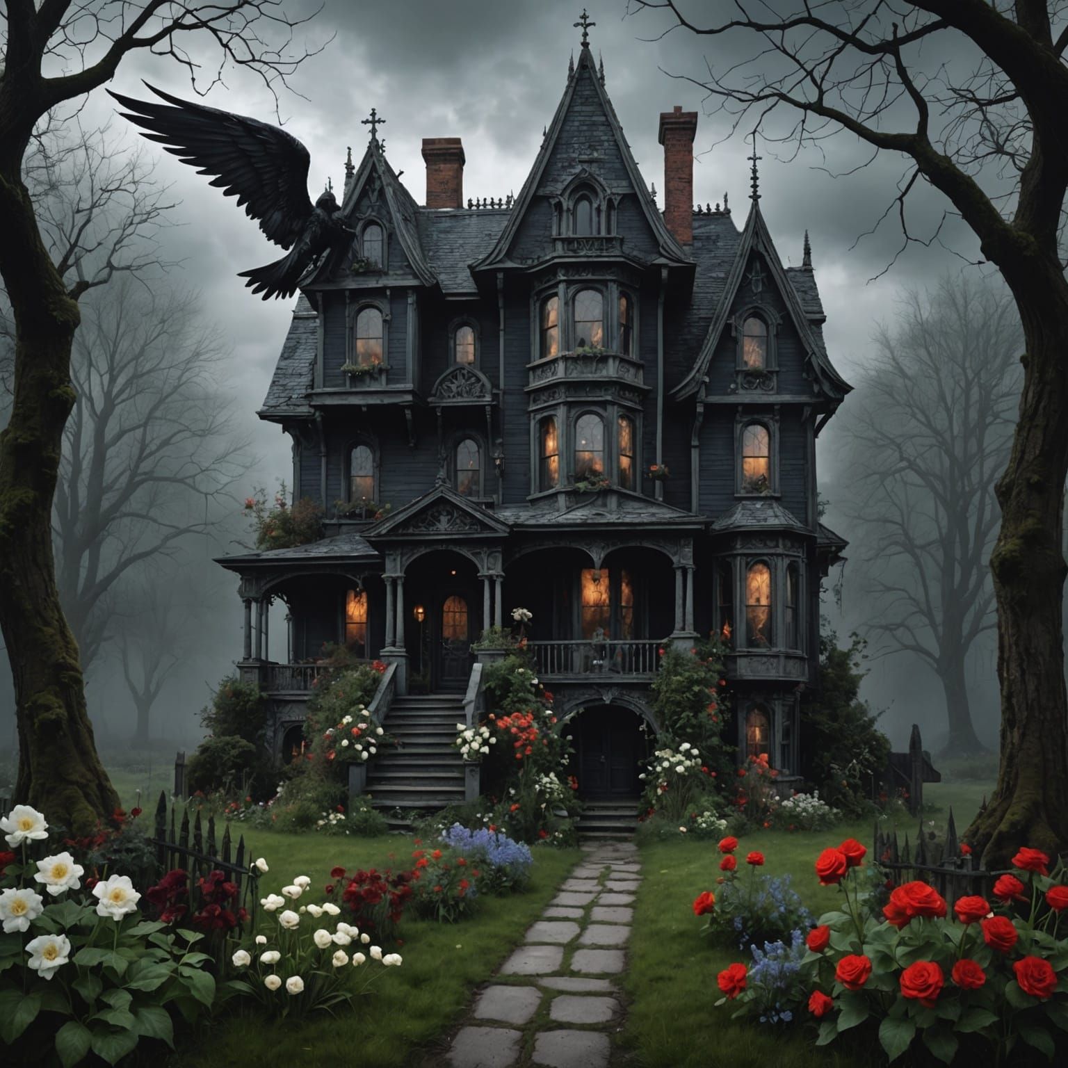 Dark Gothic Horror House with Angel and Demon