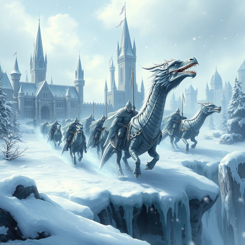Medieval Winter Kingdom with Majestic Dragons and Knights