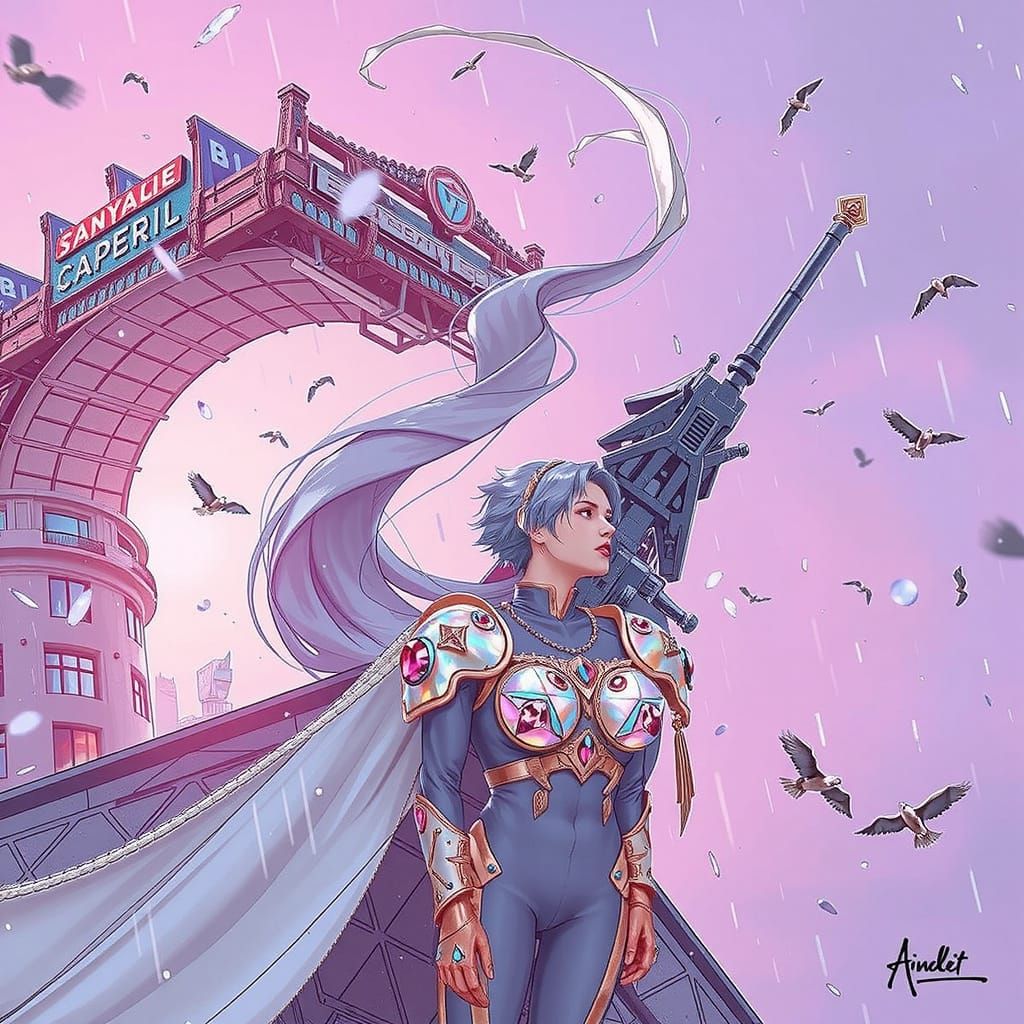 Jeweled Warrior on Rooftop Overlooking Neon Metropolis