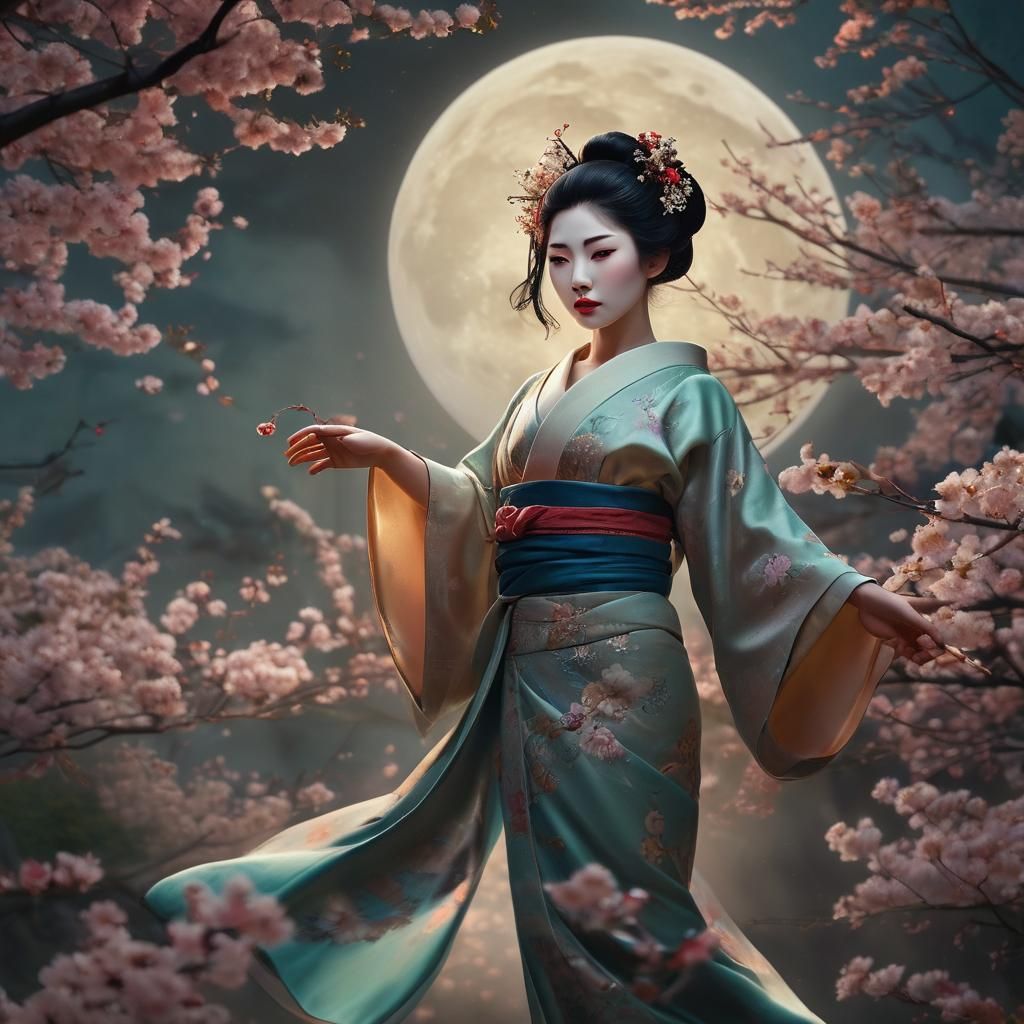 Geisha Dancing Under the Moon in Oil Painting Style