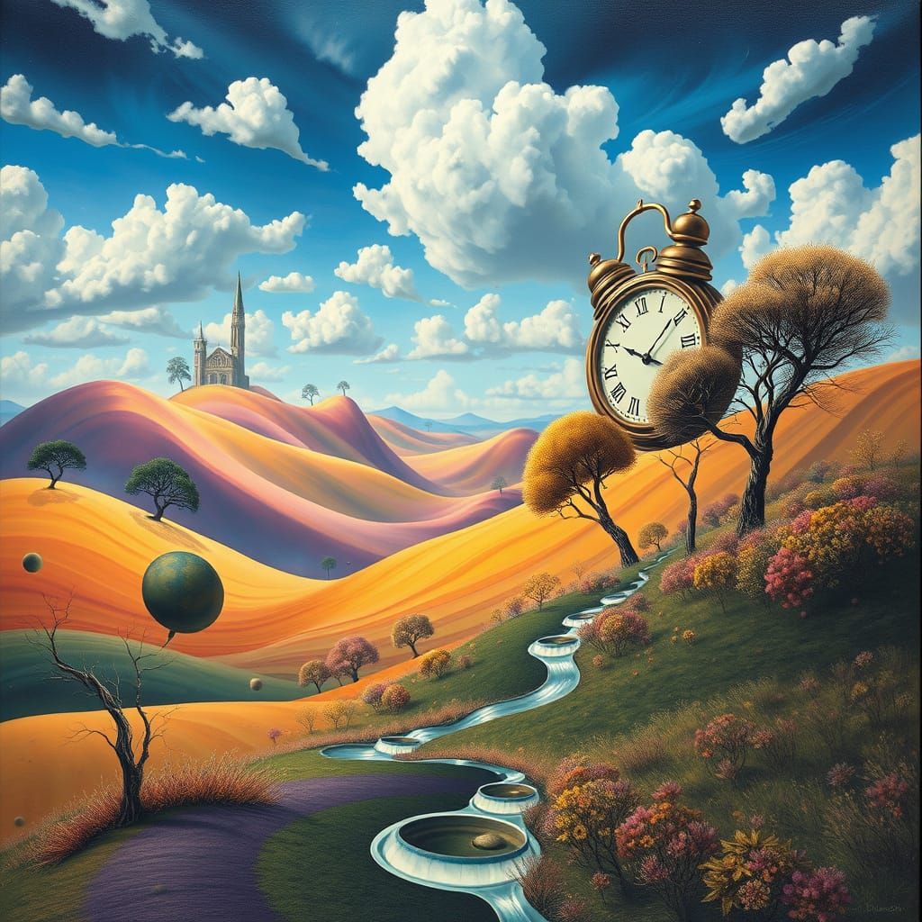 Surreal Landscape with Melting Clocks in Surrealist Style