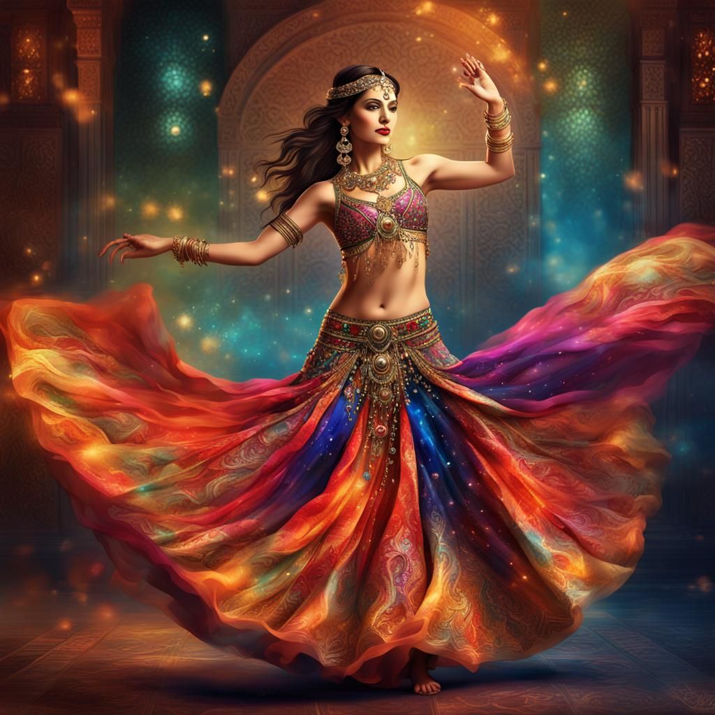 Exotic Belly Dancer in Romantic Fantasy Painting