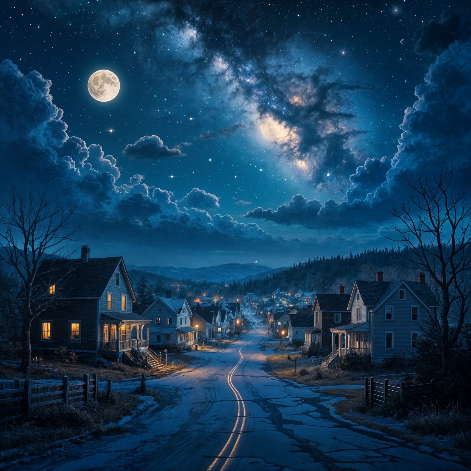 A serene New England town, at night