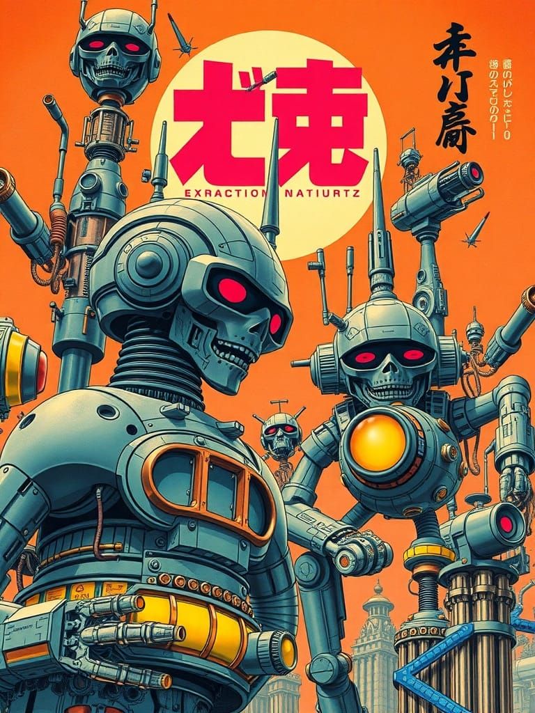 Retro Futuristic Japanese Robots in Neon Style