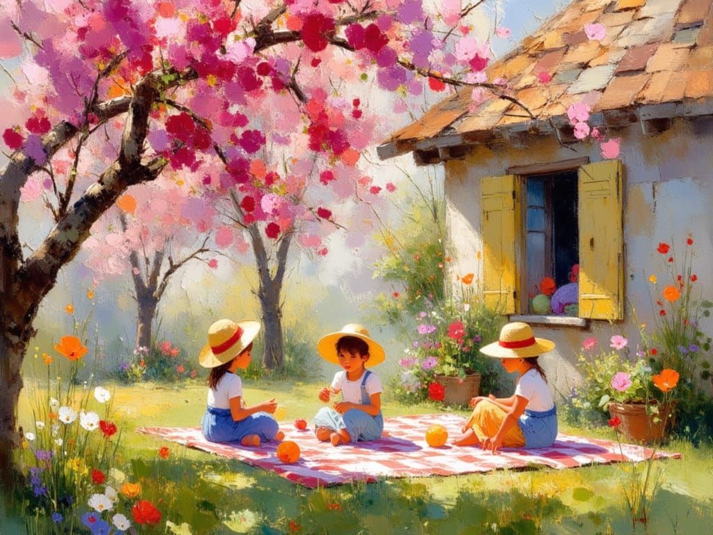 Children Play Under Blooming Fruit Trees in Grandmother's Ga...