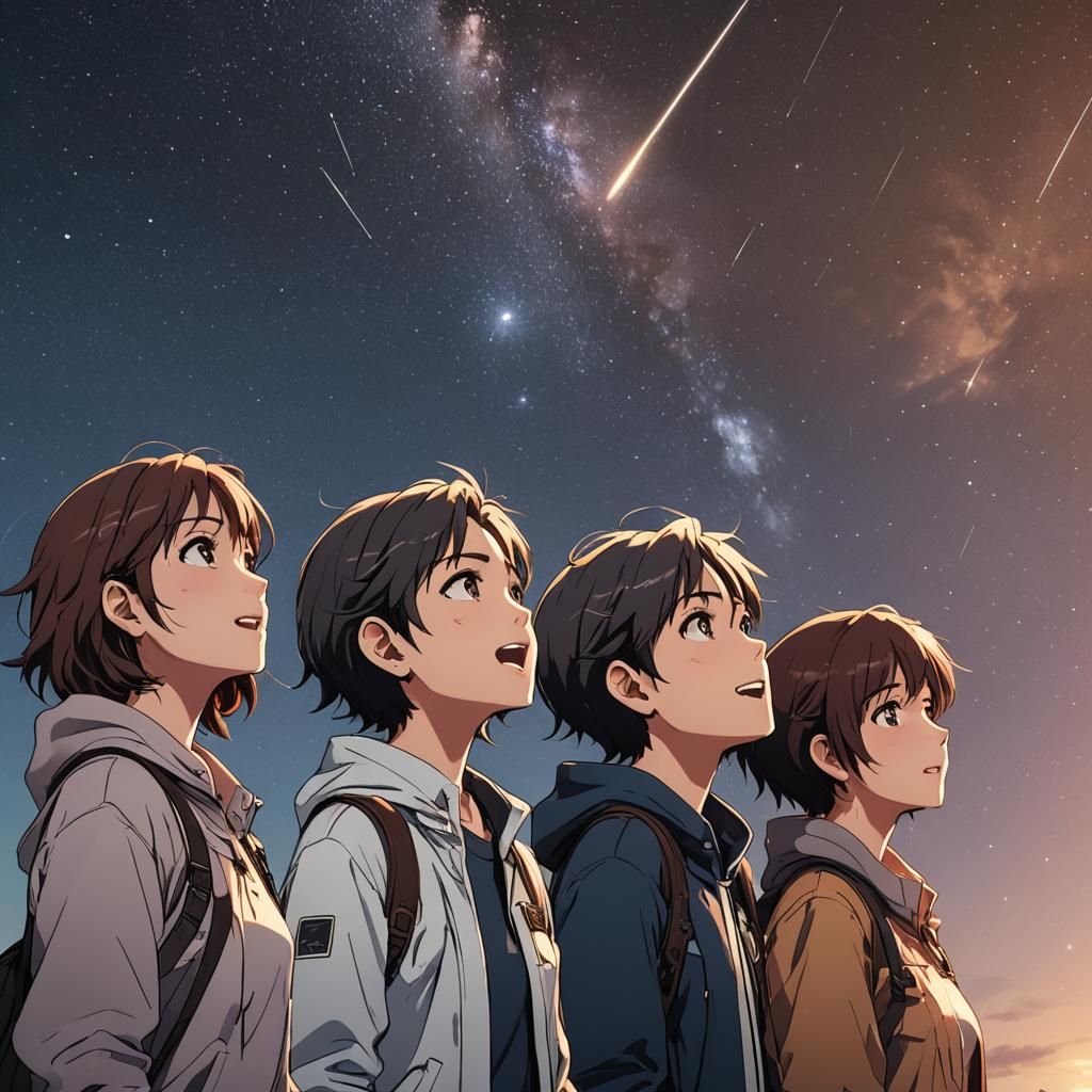 Friends Watching Meteor Shower in Anime Style
