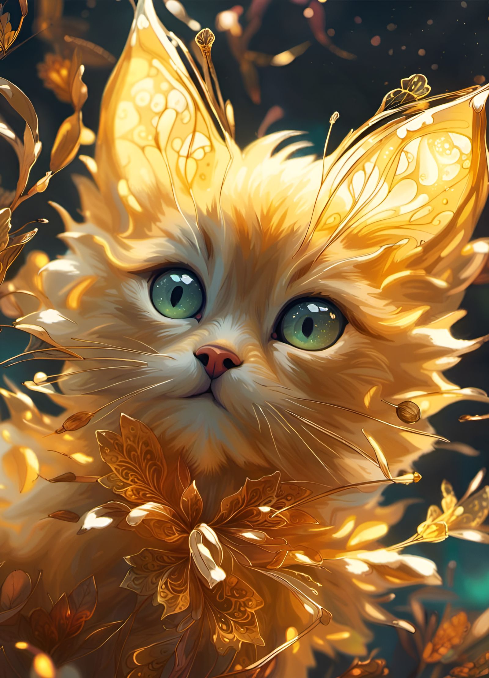 Golden Kitten with Glowing Petals: Macro Photography