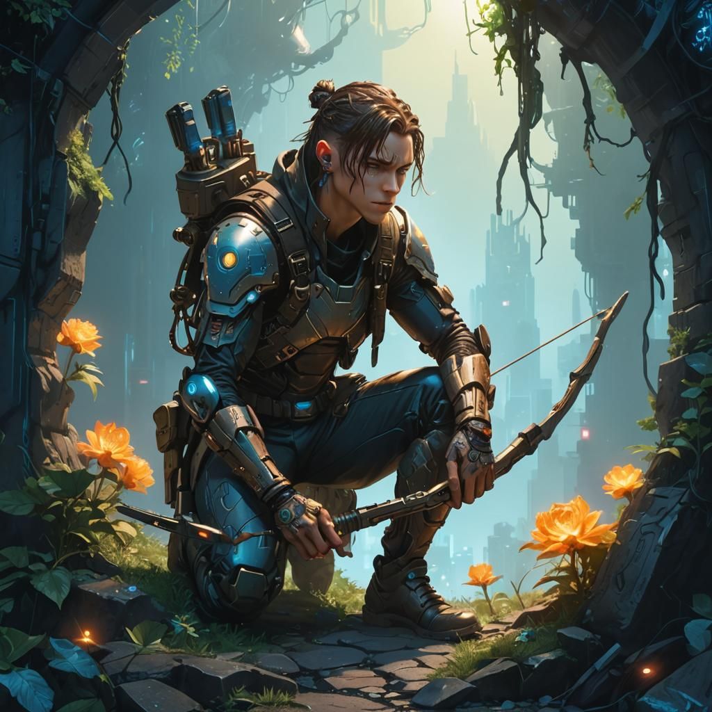 Cyborg Elf Ranger in Cyberpunk Anime Style