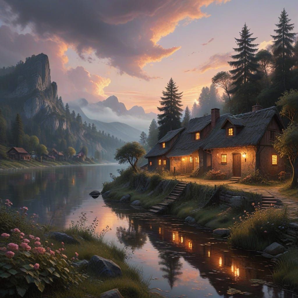 Ancient European Town Basks in Sunset Twilight