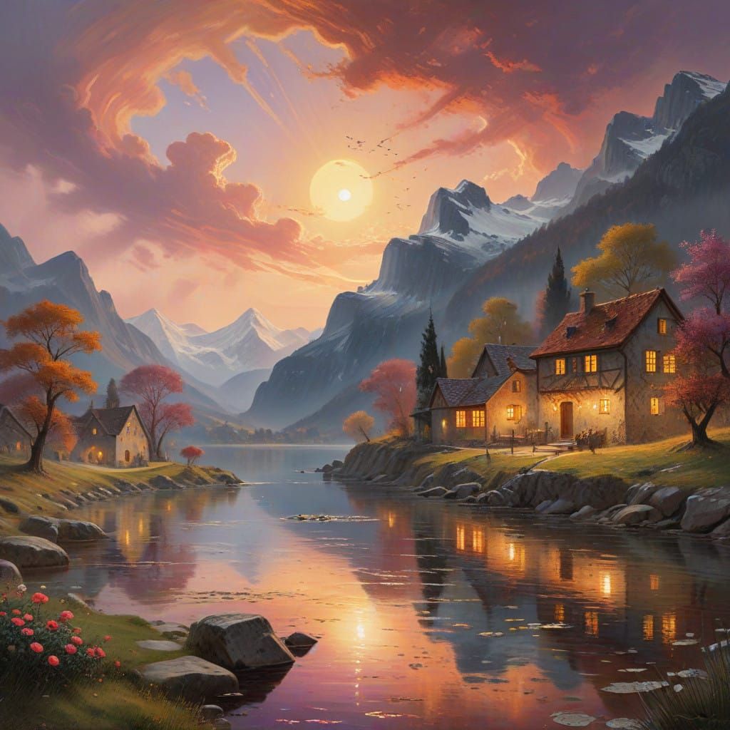 Luminous European Village at Dusk, with Lake and Rustic Hous...