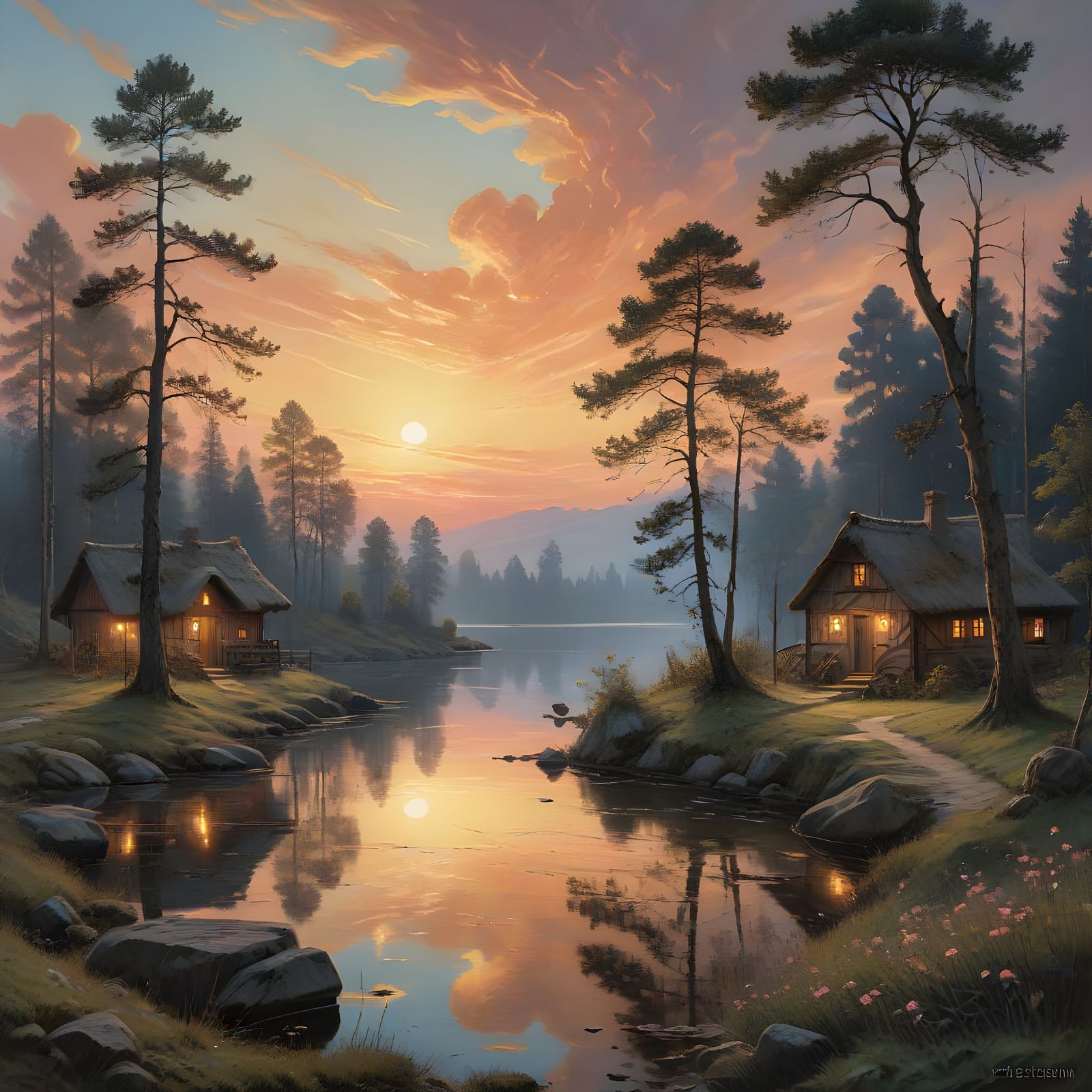 Ancient European Town at Sunset Twilight