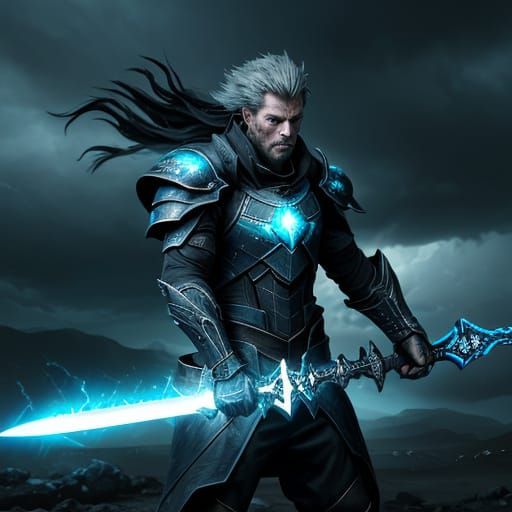 Cyberpunk Lightning Sword in Ominous Storm