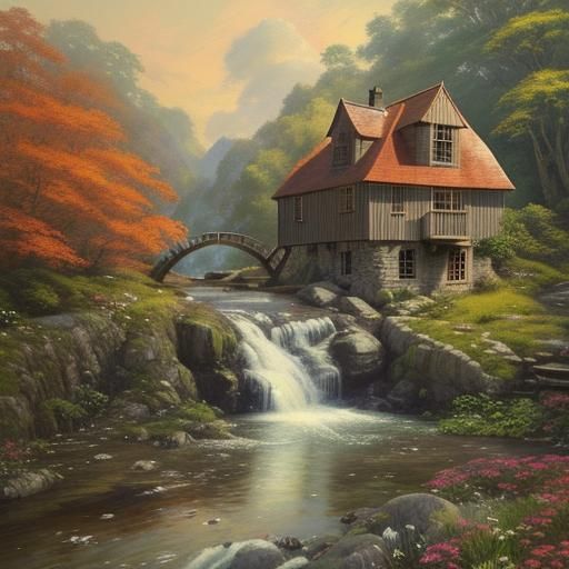 Watermill House at Golden Hour: Impasto Painting