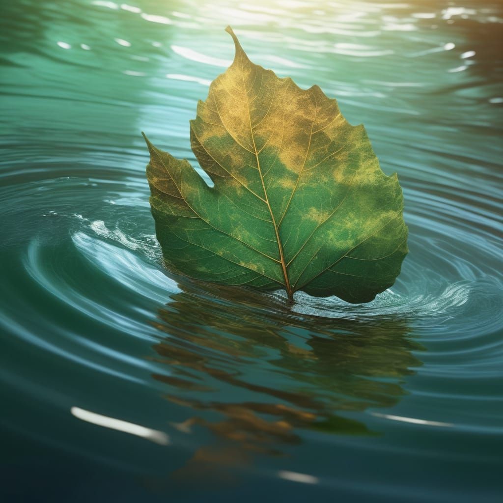 Green Leaf Floating Over Water Vortex, Photorealistic Concep...