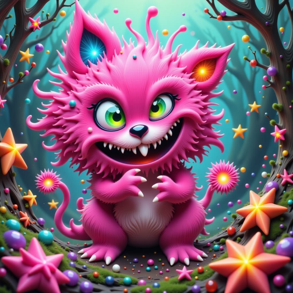 Pink Monster in Surrealist Pop Art Forest