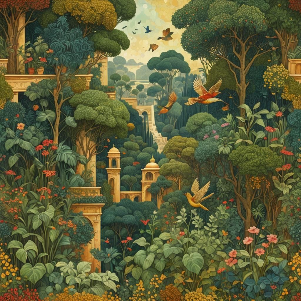 Babylon Gardens in Pointillist, Klimt-Inspired Style