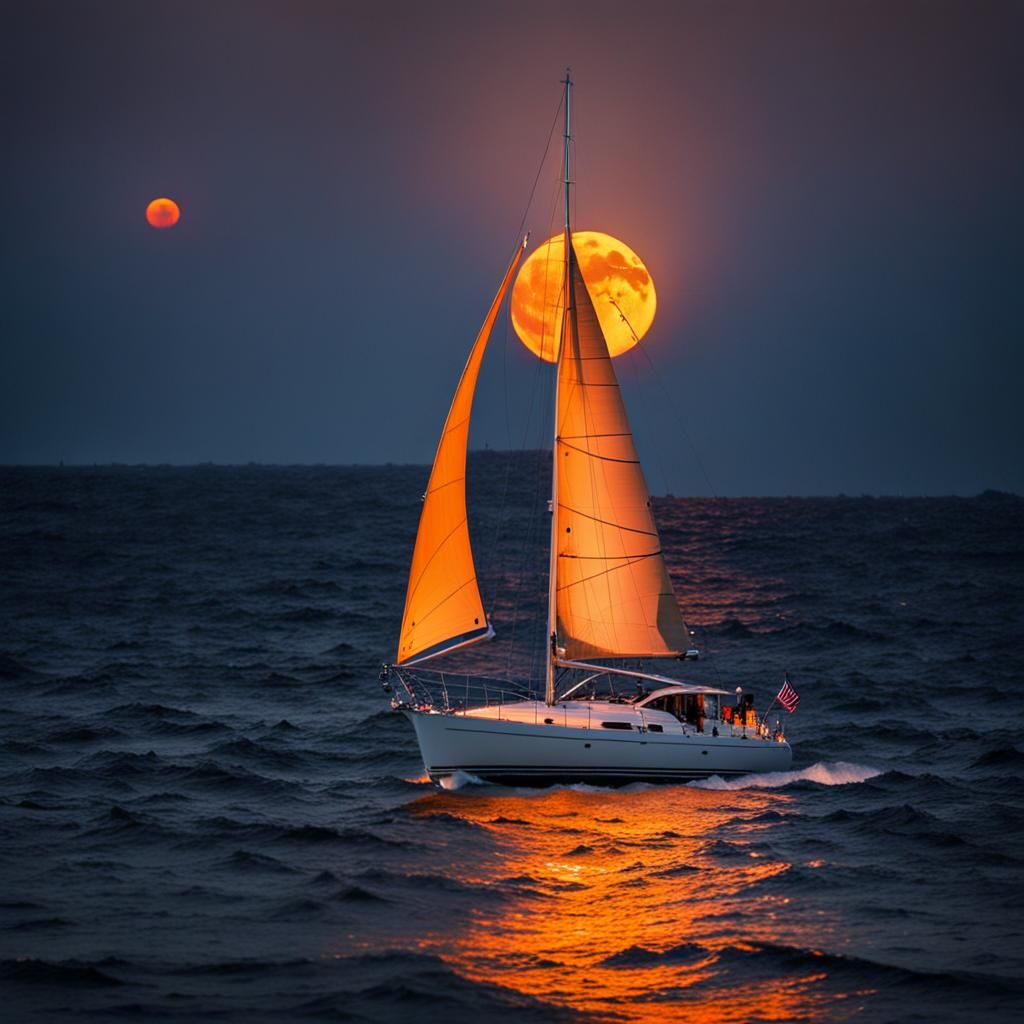 Chrome Sailboat Under Orange Moon: Professional Photography