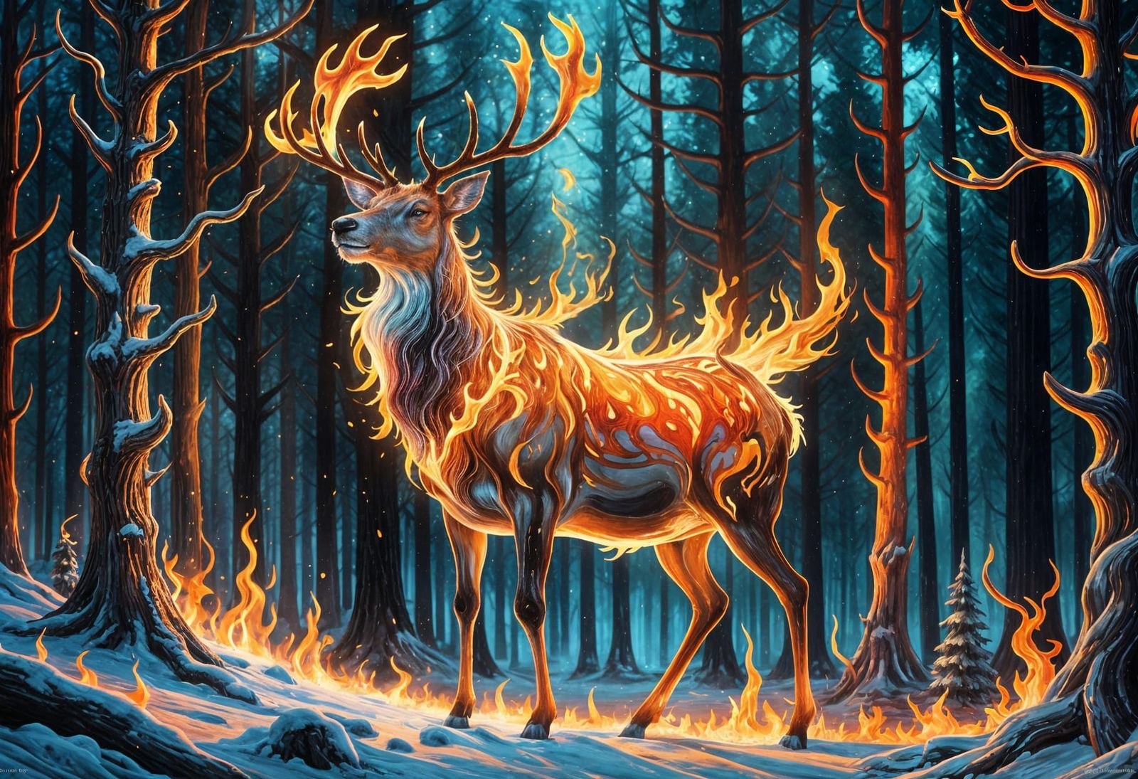 Fiery Reindeer in Forest, Digital Gouache Painting
