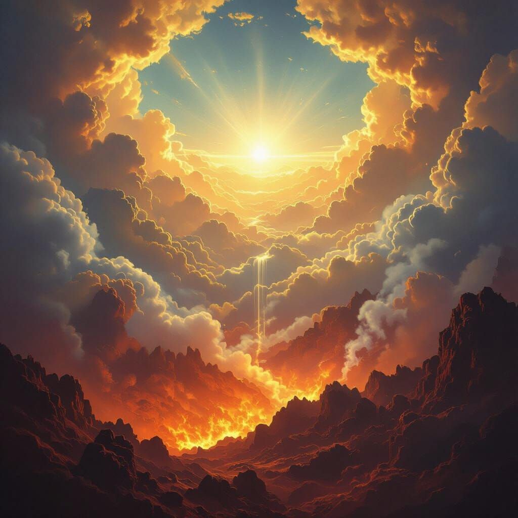 Heavenly View of Fiery Hell Below in Epic Fantasy Style