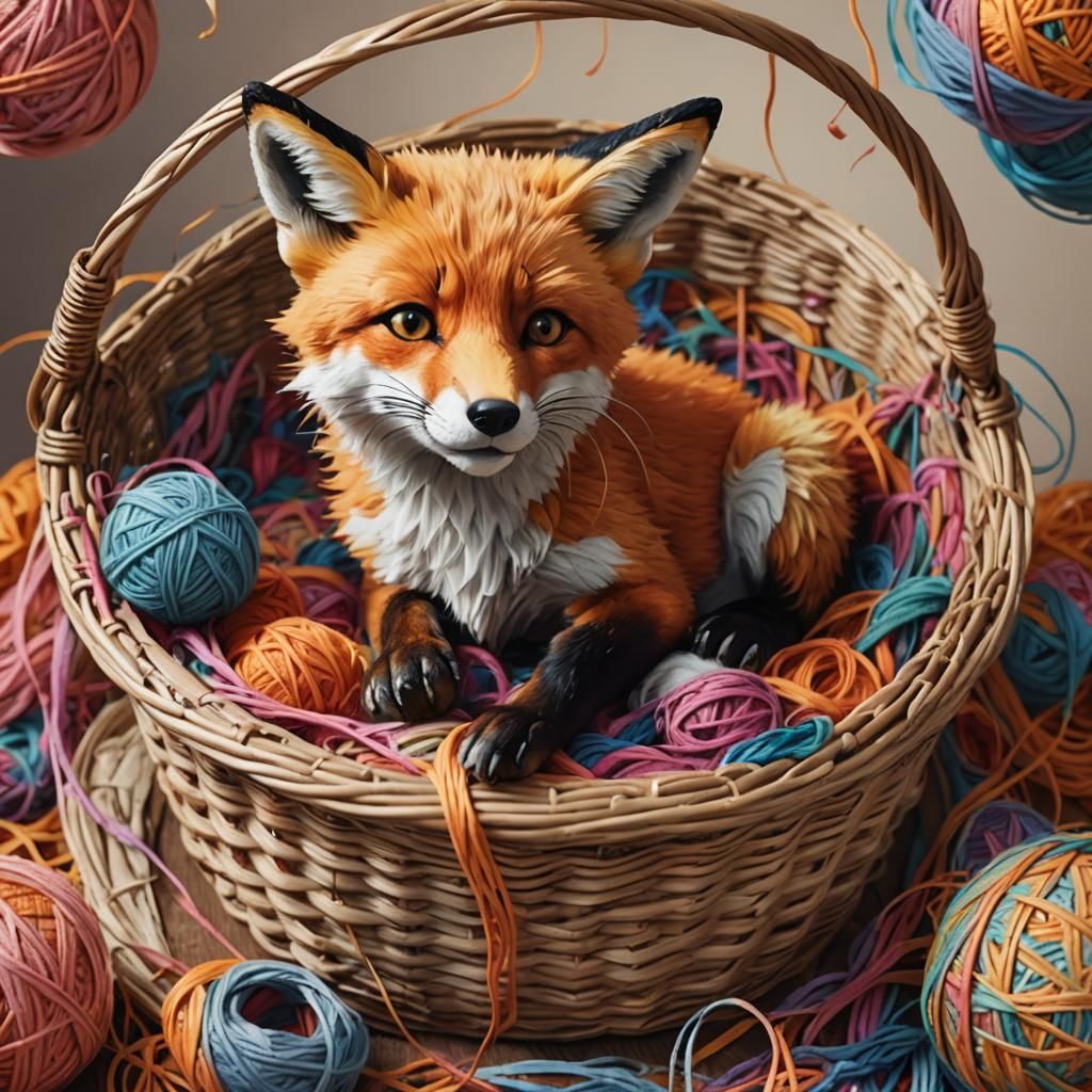 Cute Fox with Yarn Ball: Hyperrealistic Digital Art