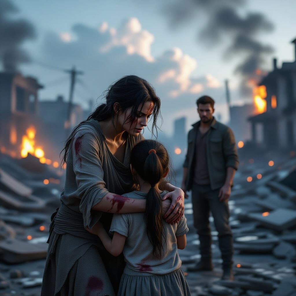 Mother Protects Daughter in Devastated Cityscape