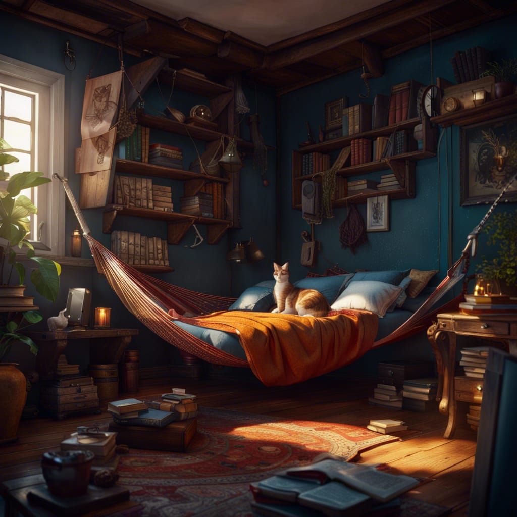 Cats Relaxing in a Fantastical Bedroom Interior