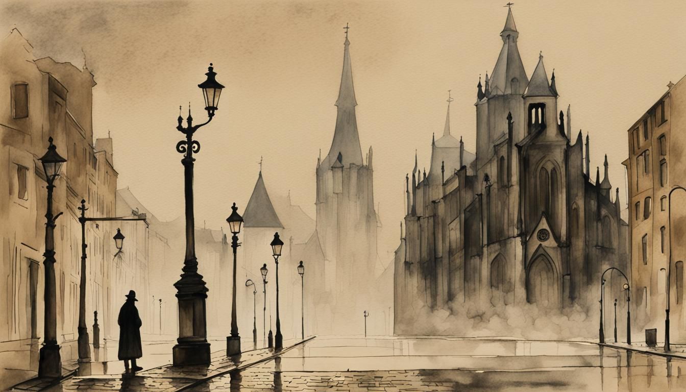 Gloomy Cathedral with Eccentric Figure: Moody Watercolor Art