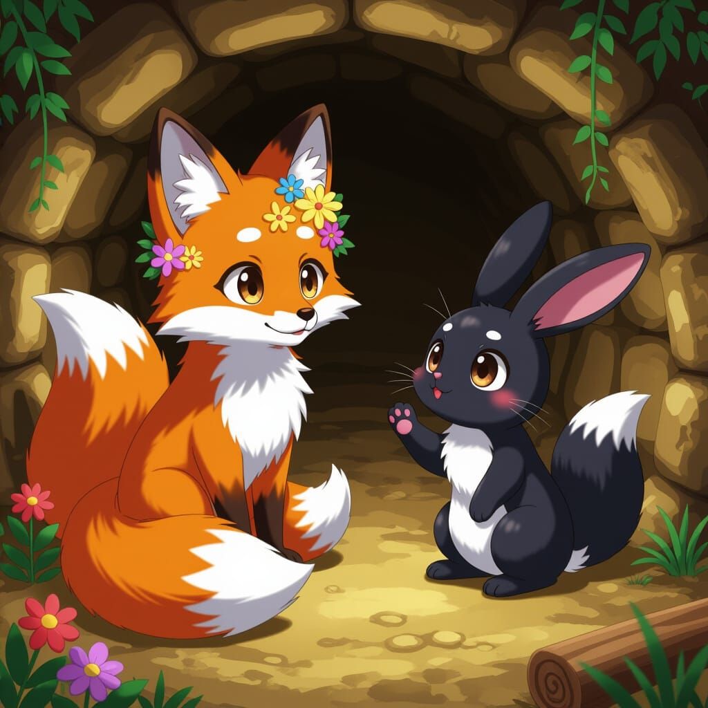 Anime Fox Meets Curious Black Bunny in Den