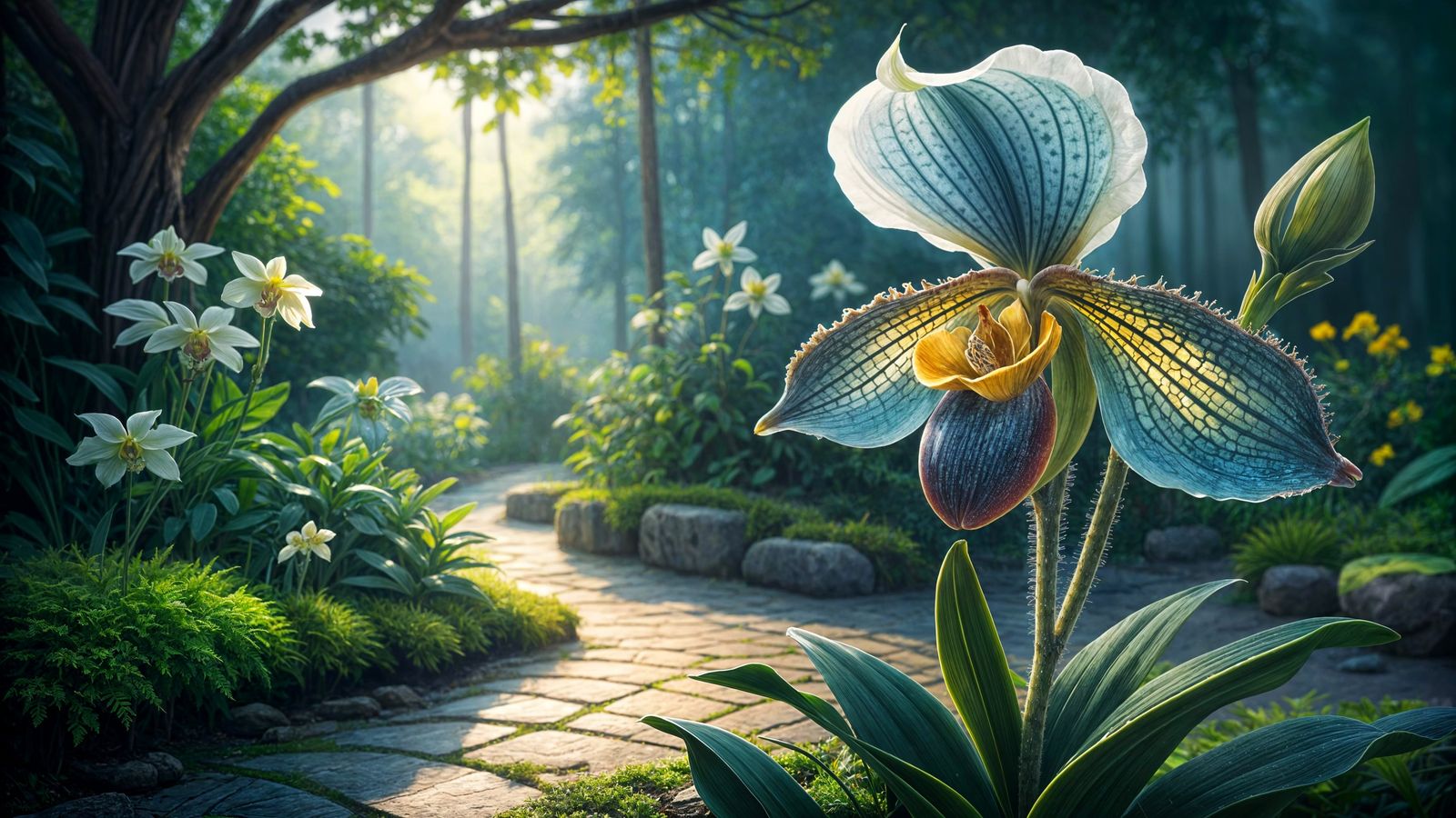Exotic Paphiopedilum Orchid in a Colorful Garden