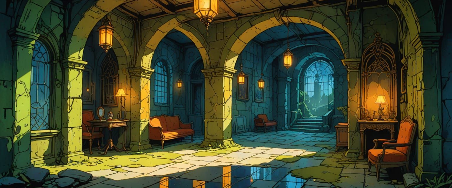 Mysterious Castle Passageway with Mirrors in Comic Book Styl...