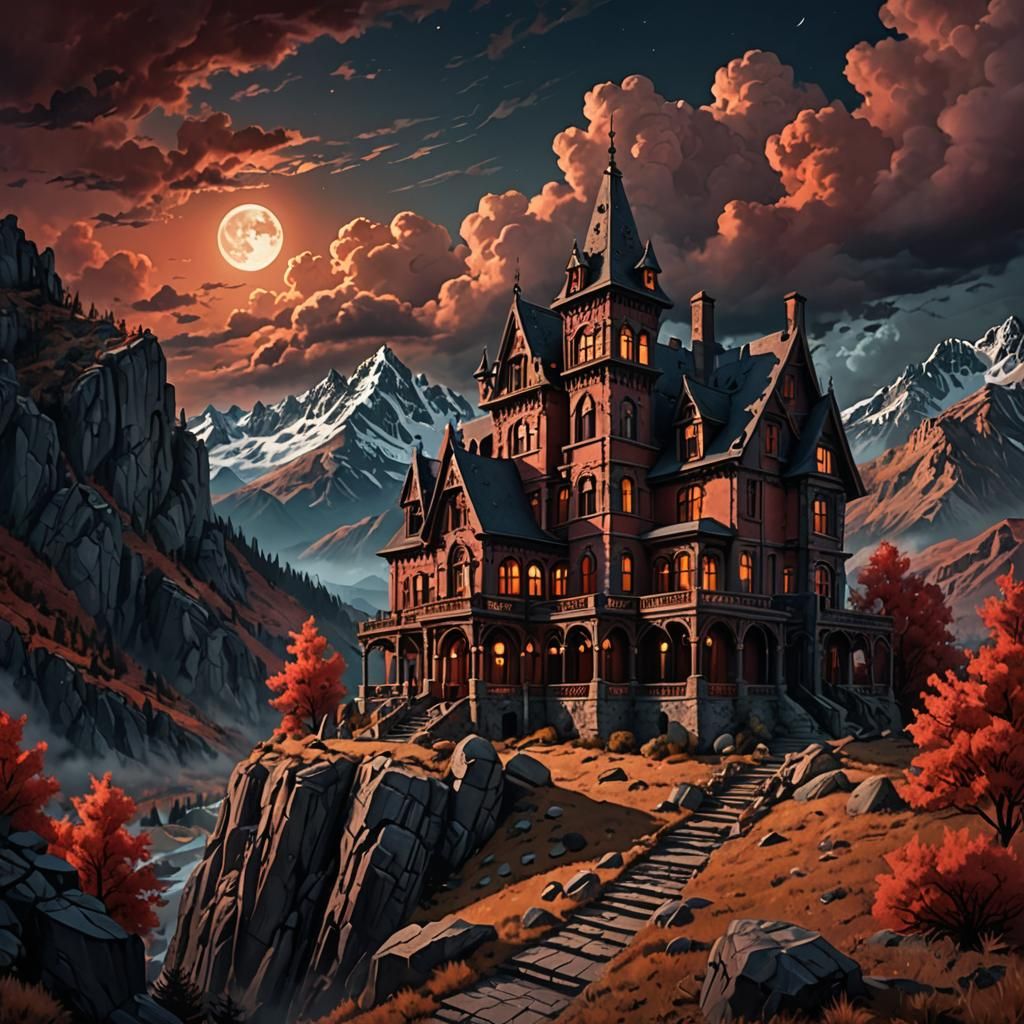 Gothic Mansion in Rocky Mountains at Nightfall