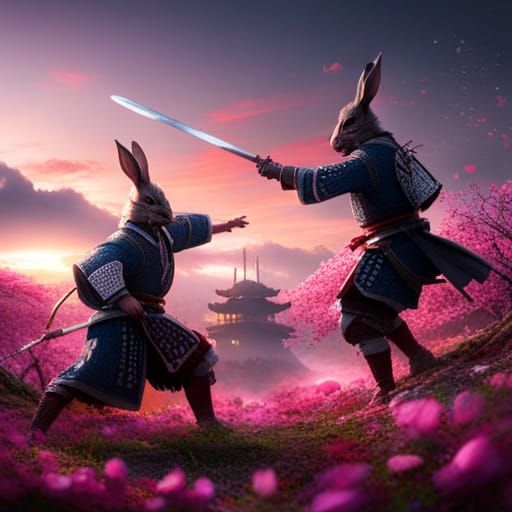 Epic Samurai Rabbit Battle Under Cherry Trees