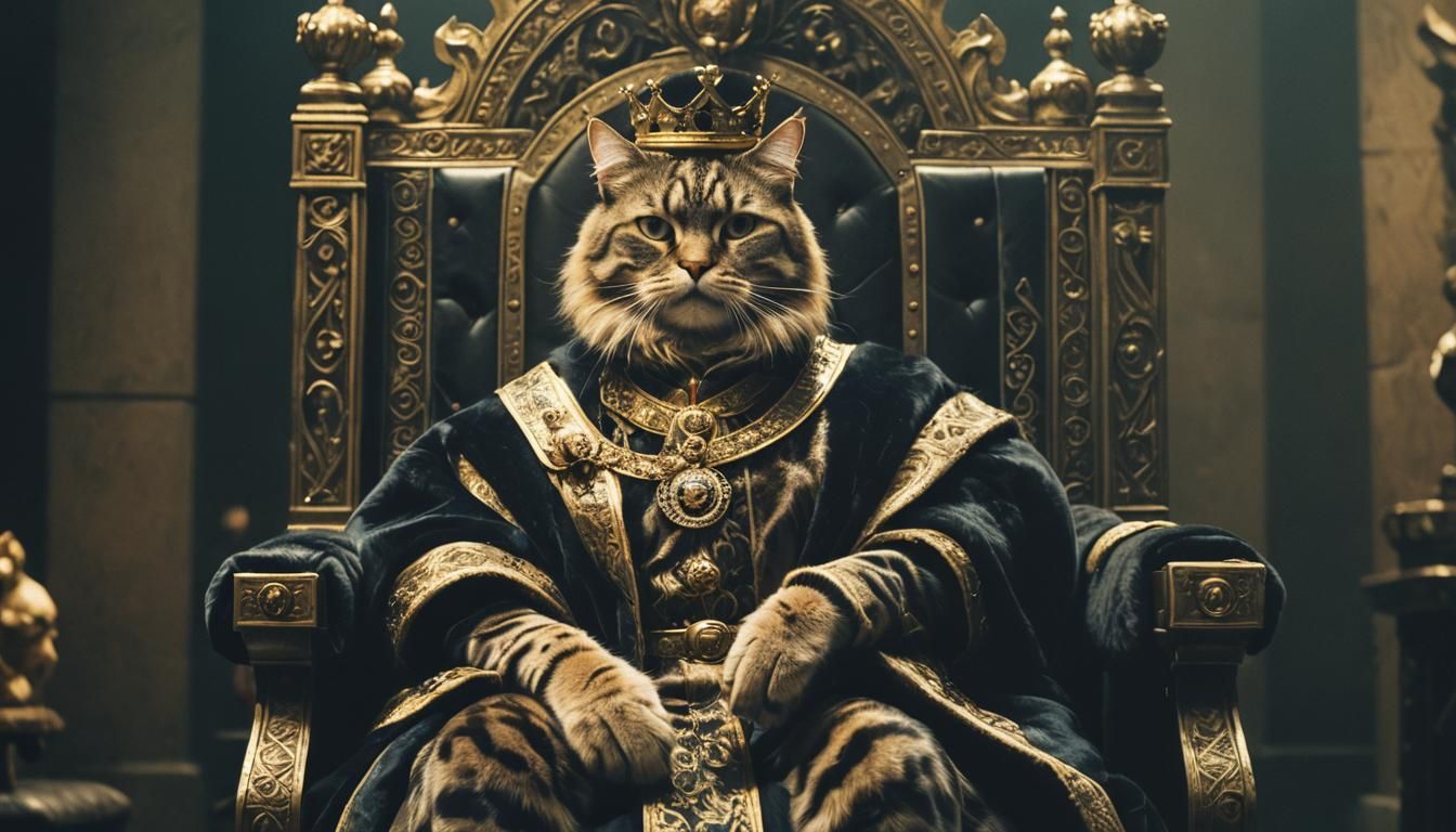 Cat King on Throne: Cinematic Film Still