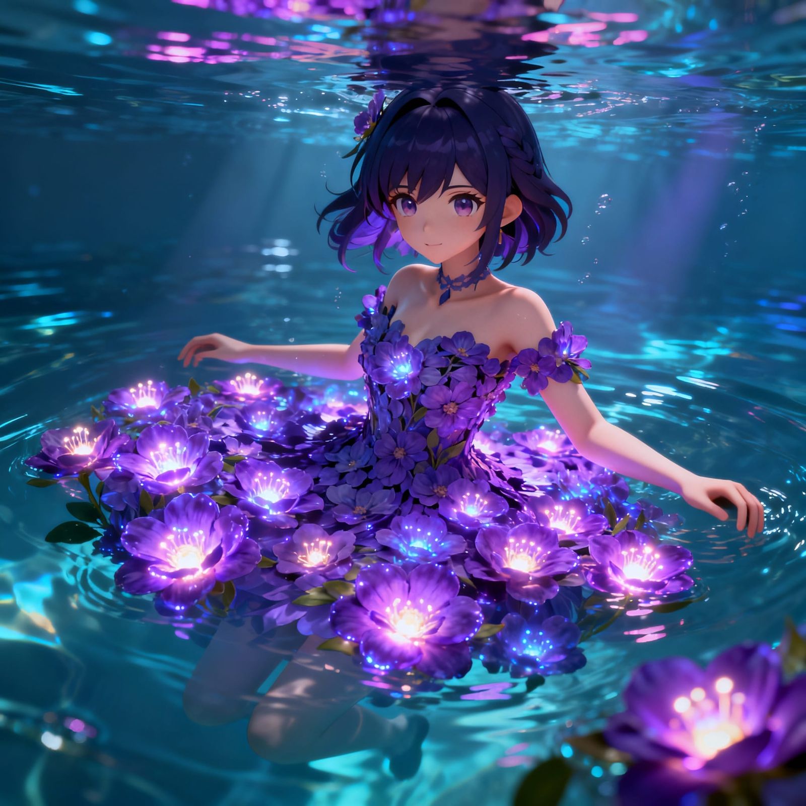 Anime Girl in Glowing Purple Flower Dress Underwater