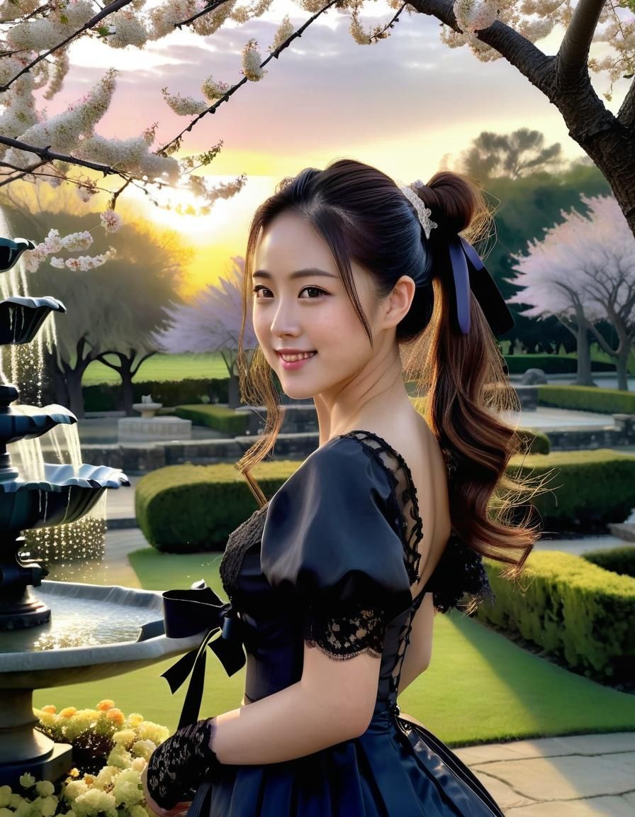 Korean Woman in Garden: Chiaroscuro Oil Painting