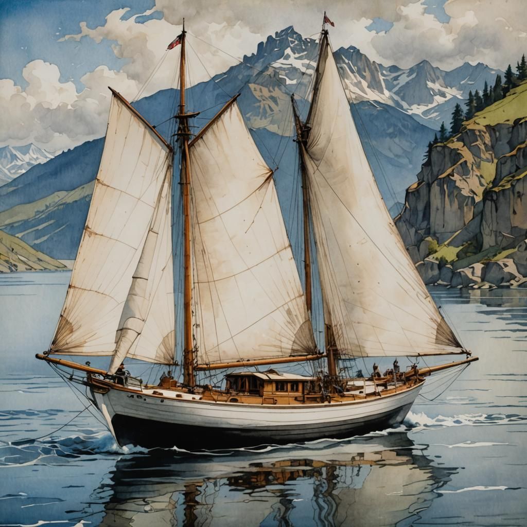 Vintage Sailboat on Columbia River as Watercolor Sketch