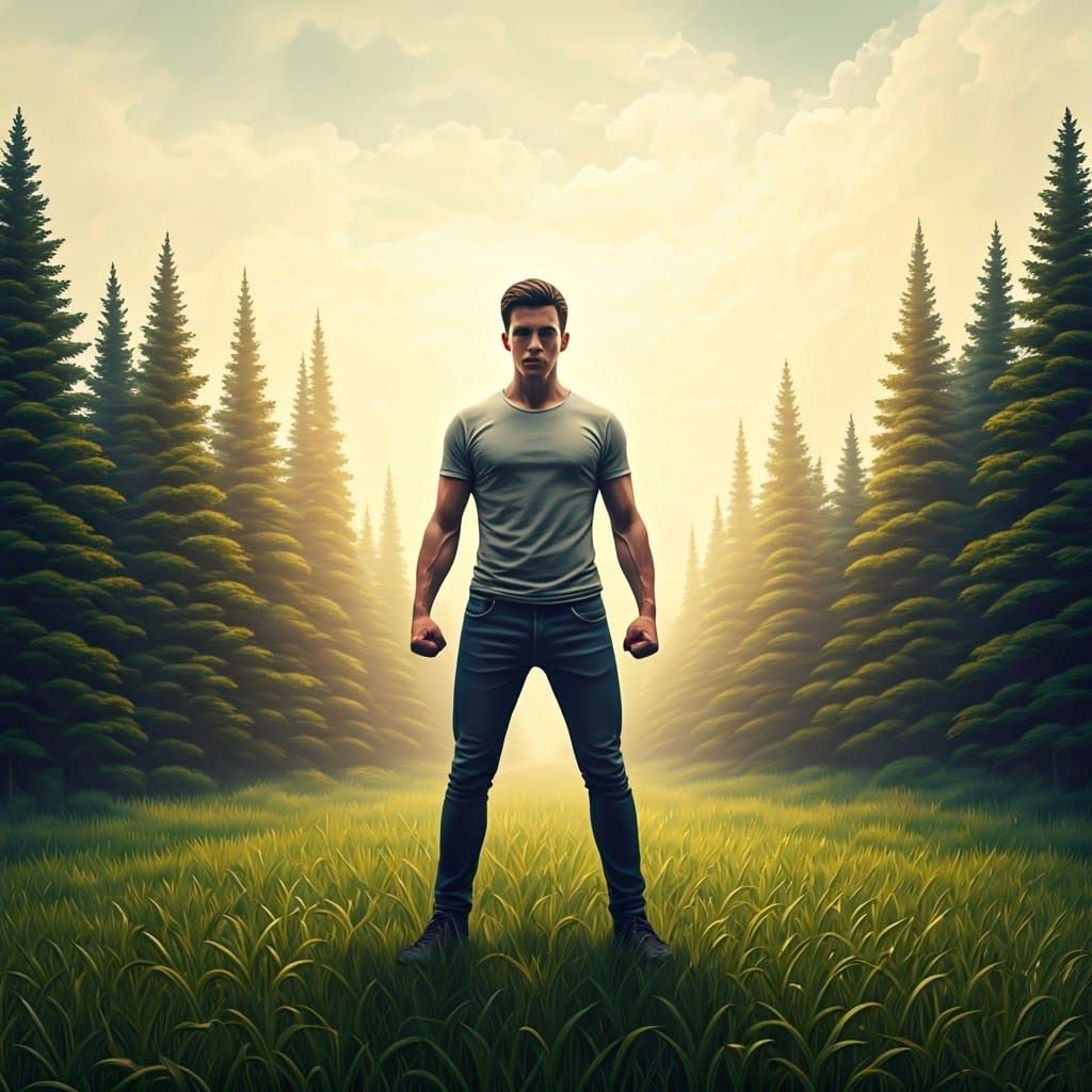 Intense Young Man on Green Hillside