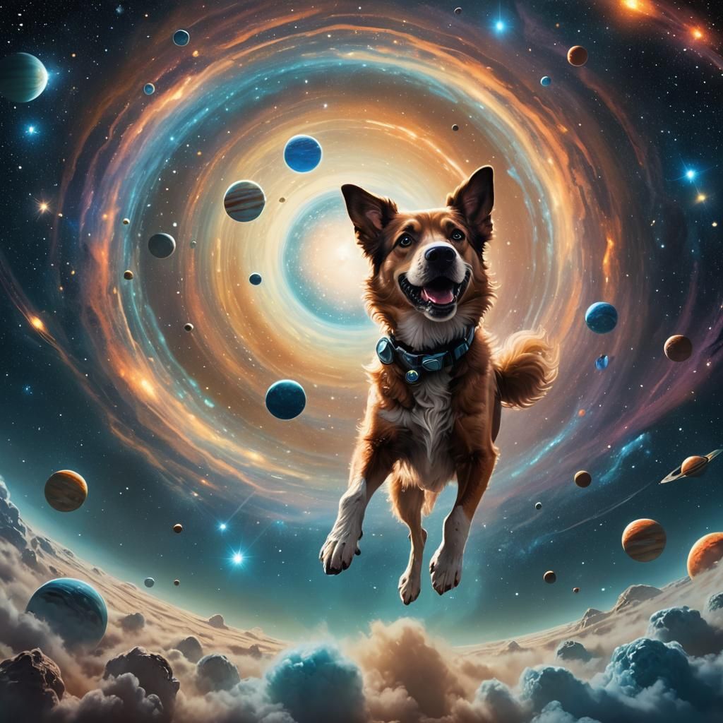 Dog Floating in Space with Stardust Glow