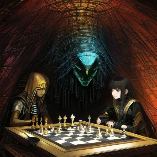 Alien Versus Pharaoh Chess Match, in Waterhouse Style