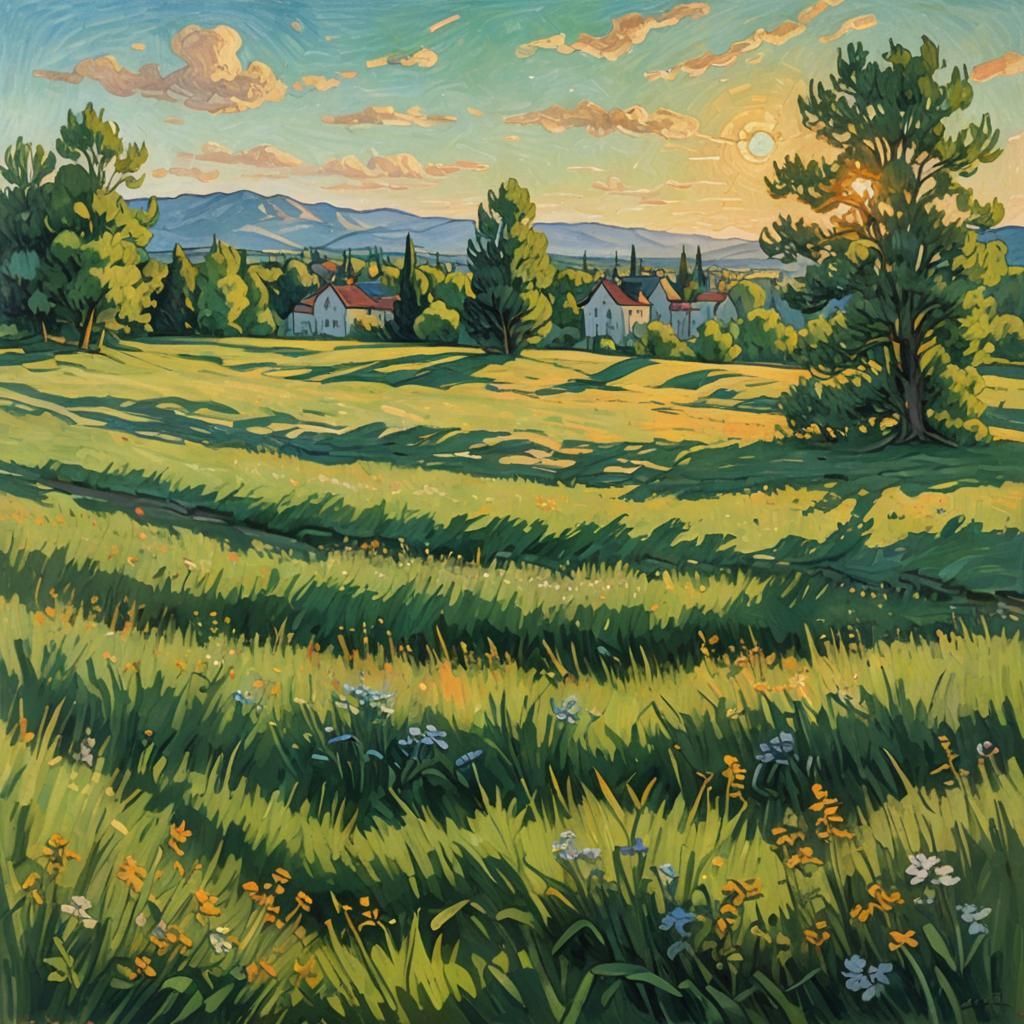 Impressionist Meadow Landscape in Van Gogh Style